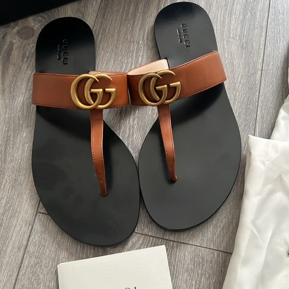 Authentic Gucci Brown and Black Sandals with Signature GG Logo. Size 37.5/7.5 - Picture 2 of 8